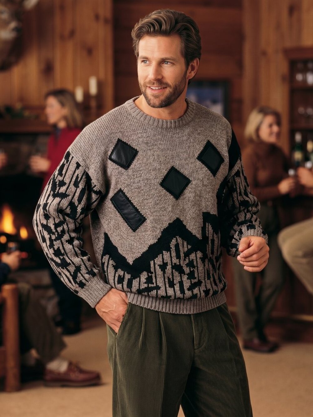 Alvin Josef Men L Sweater Brown Black Leather Patch Geometric Knit Rare Archival